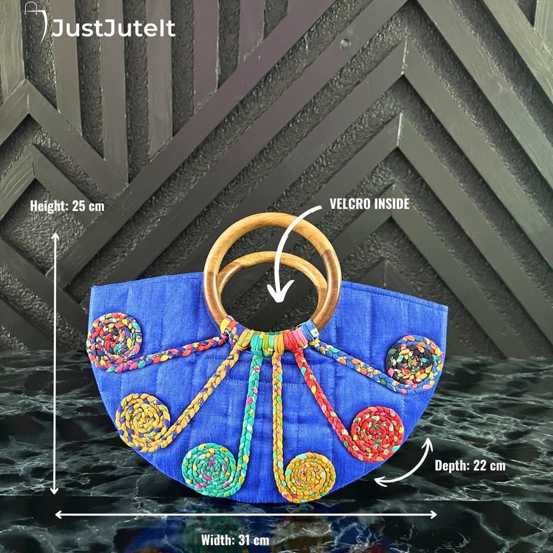 Blue Upcycled Handcrafted Jute Handbag with Wooden Handles