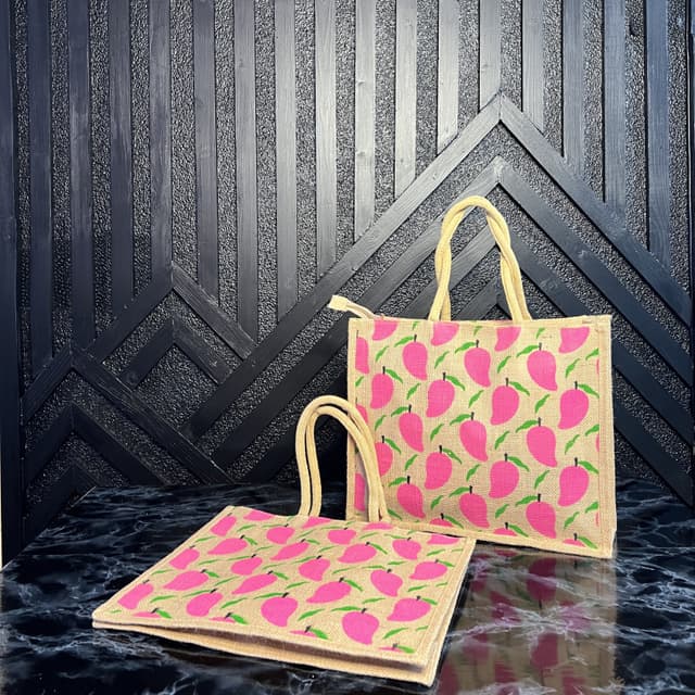 Quirky Pink Mango Print Jute Bag